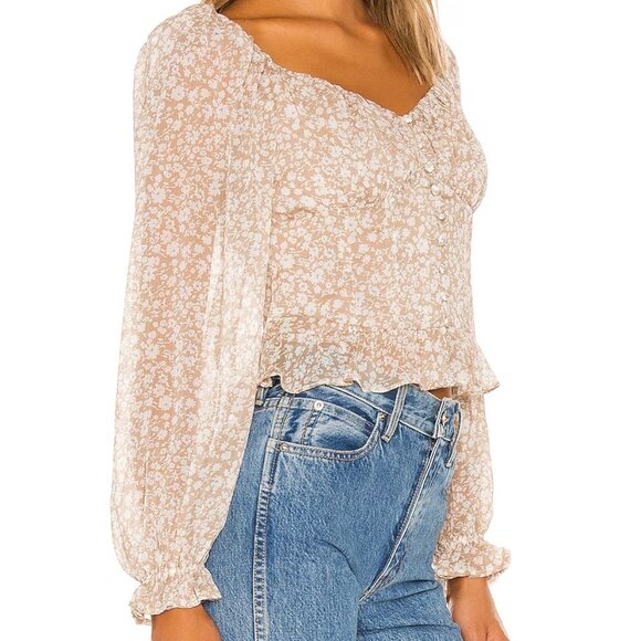 REVOLVE ASTR The Label Concord Top Taupe Blue Ditsy Floral Sheer Blouse S - Picture 15 of 15